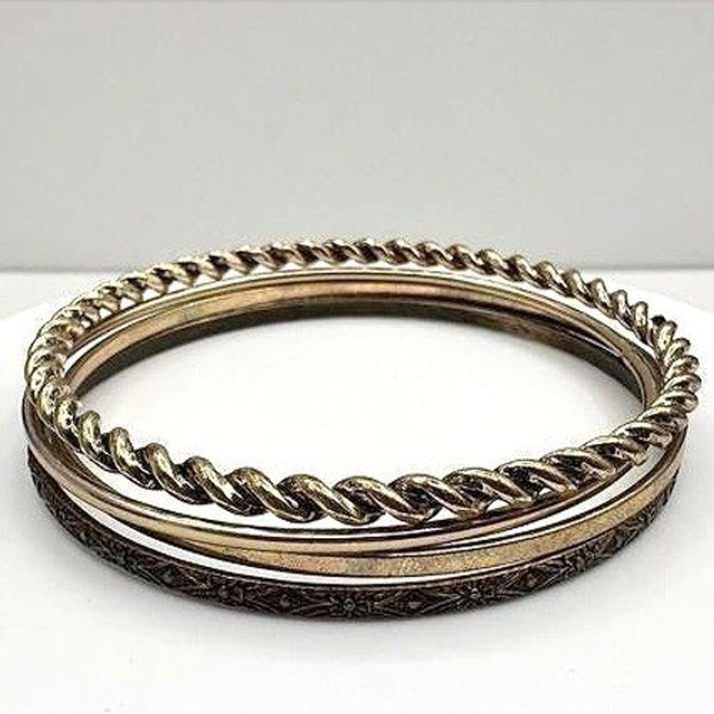 Vintage Y2K Bracelet Set Gold Tone Twisted Etched Stackable Boho Women's Jewelry